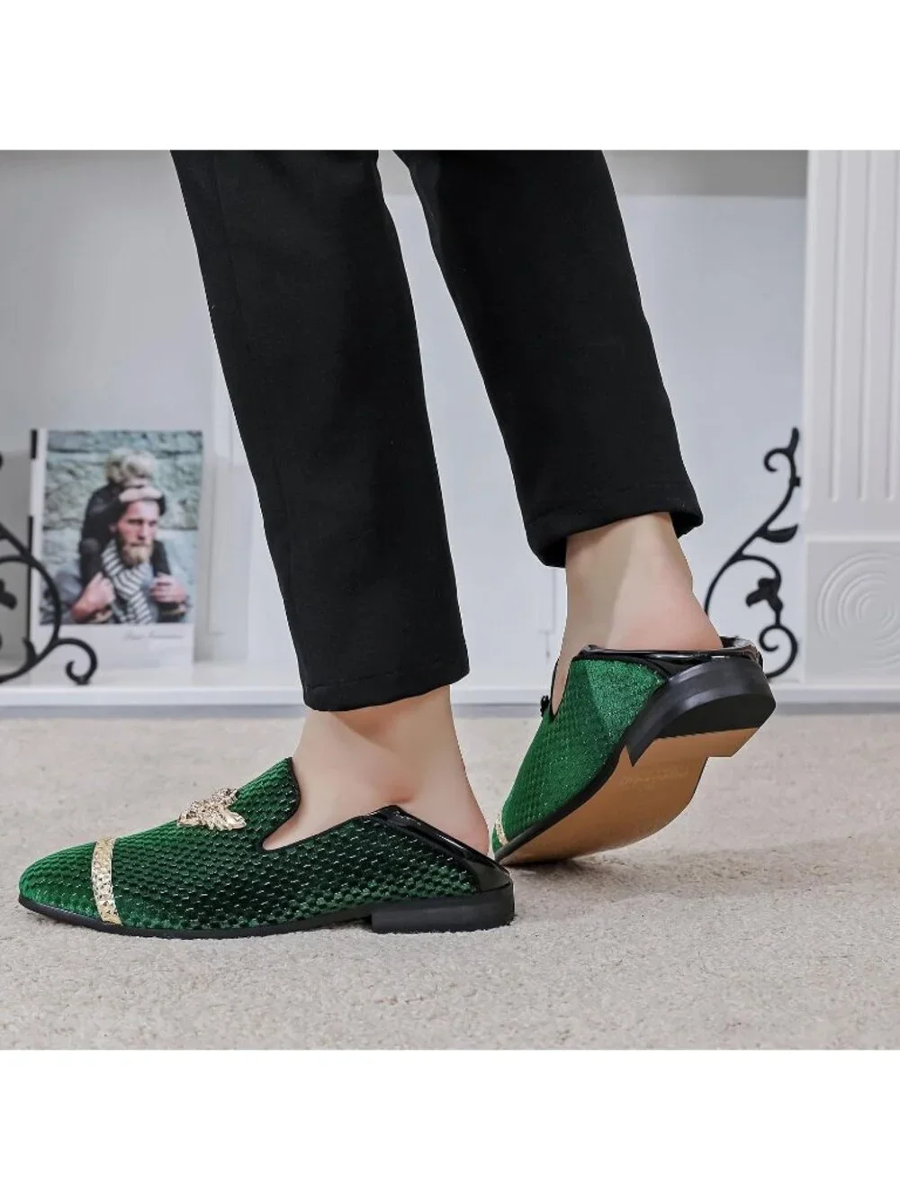 FQEQNQG Men's Green Velvet Loafers Metal Buckle Shiny Slip On Classic Shoes
